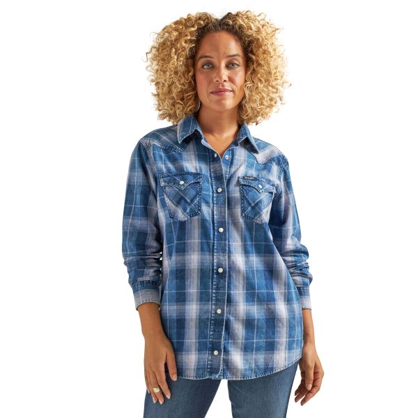 Wrangler Denim Plaid Retro Americana Women's Longsleeve Snap Shirt 112337365