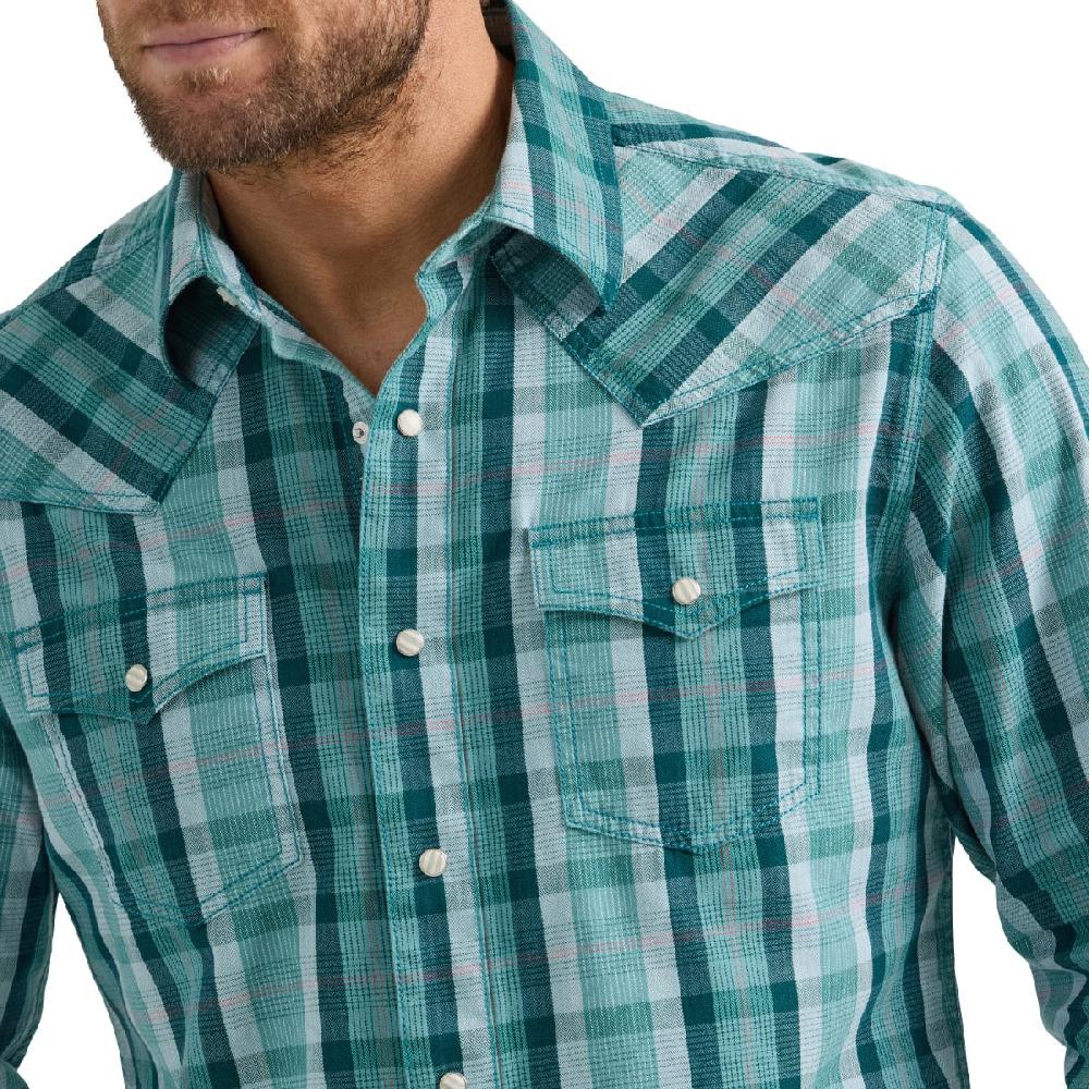 Wrangler Dual Turquoise Plaid Modern Fit Retro Premium Men's Spread Collar Longsleeve Snap Shirt 112359910