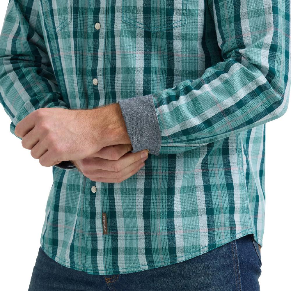 Wrangler Dual Turquoise Plaid Modern Fit Retro Premium Men's Spread Collar Longsleeve Snap Shirt 112359910