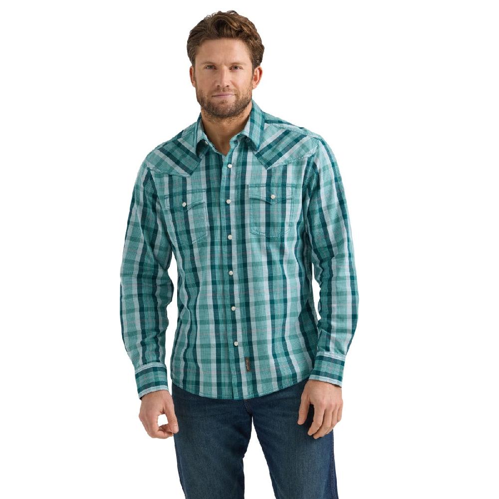 Wrangler Dual Turquoise Plaid Modern Fit Retro Premium Men's Spread Collar Longsleeve Snap Shirt 112359910