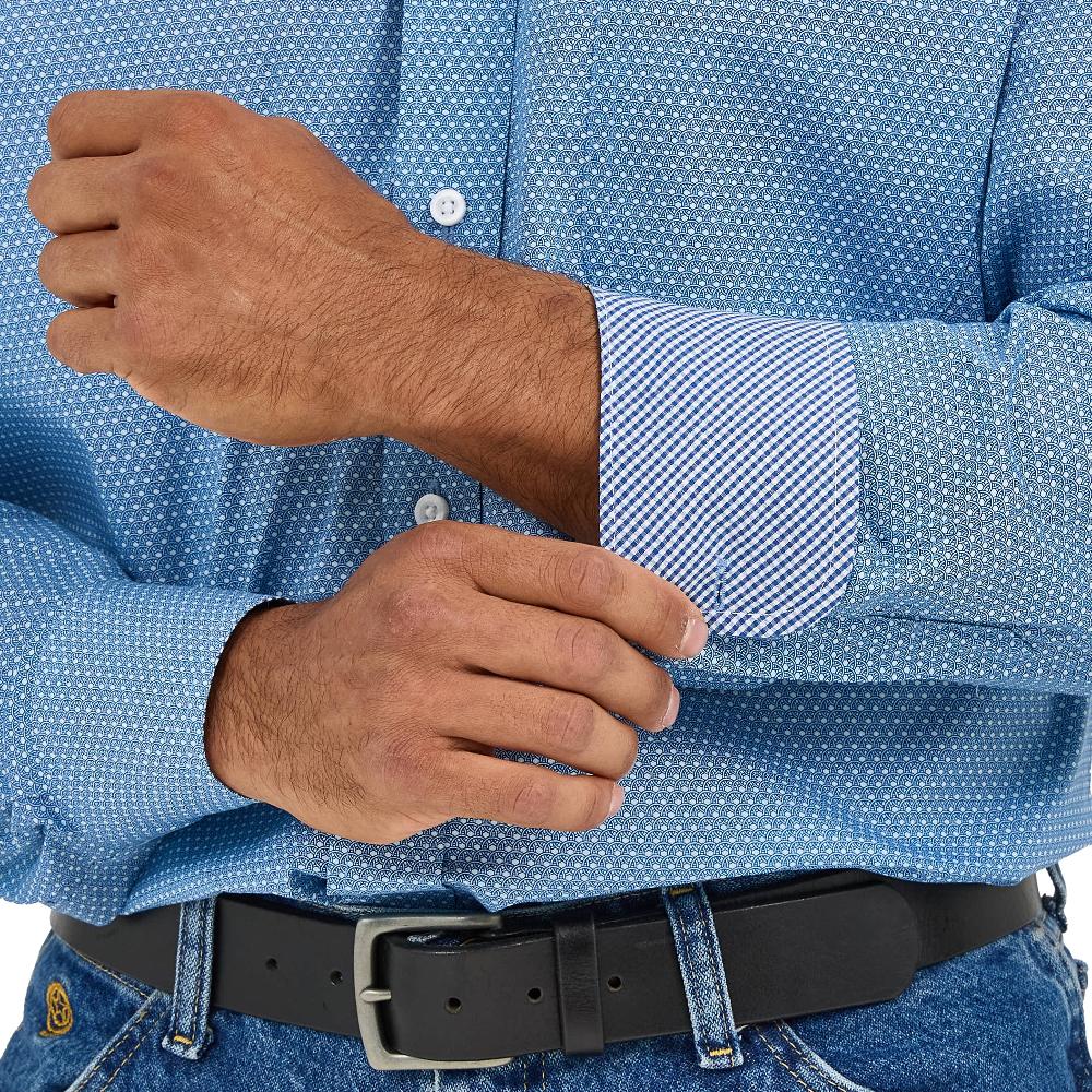 Wrangler Dusty Blue Microdot George Strait Men's Collared Longsleeve Button Down 1 Pocket Shirt 112365377