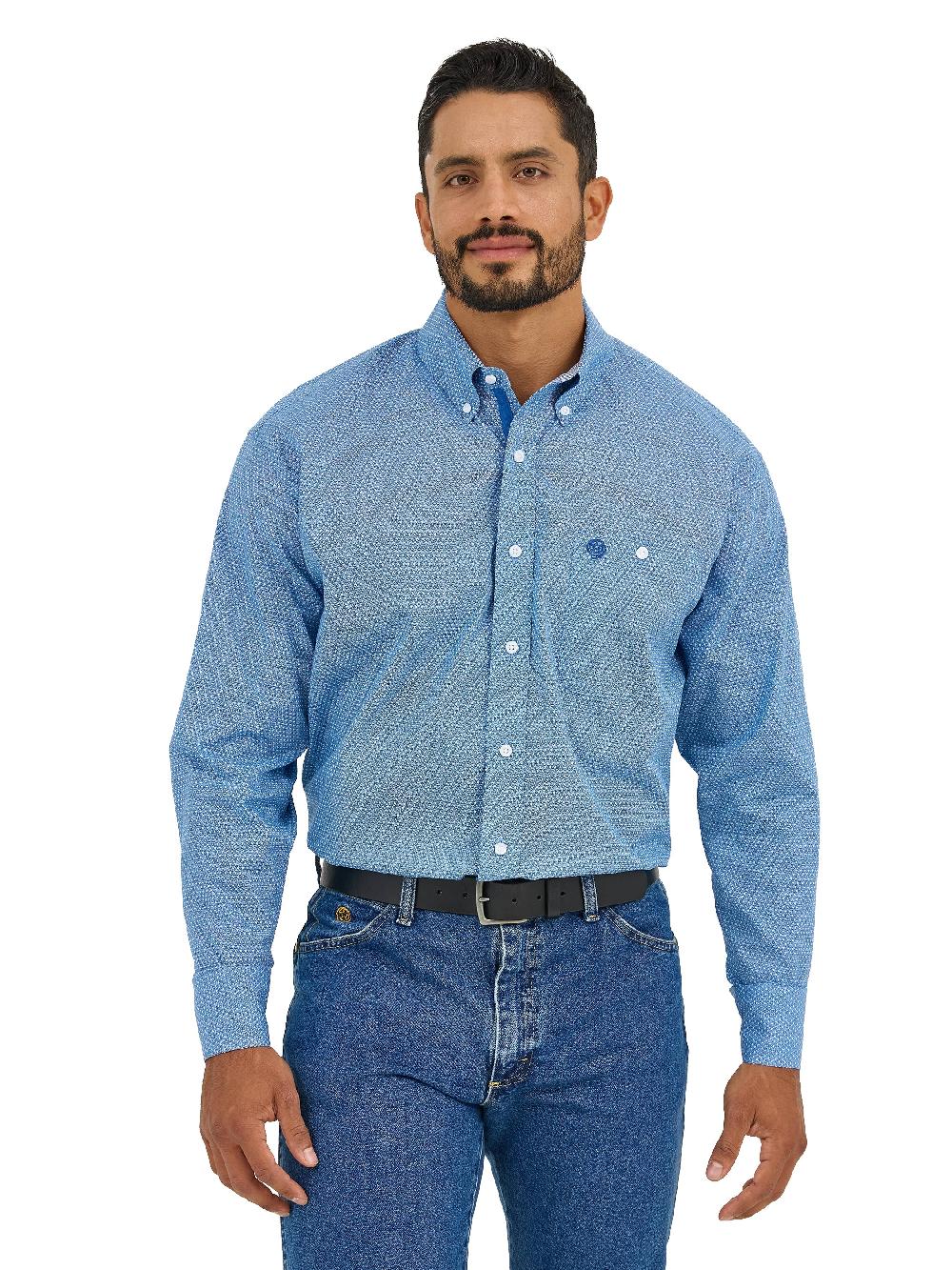 Wrangler Dusty Blue Microdot George Strait Men's Collared Longsleeve Button Down 1 Pocket Shirt 112365377