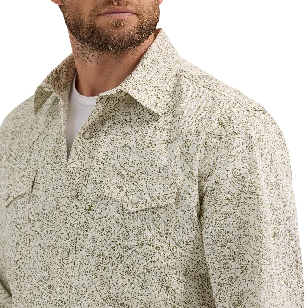 Wrangler Ecru/Olive Paisley Retro Premium Men's Collared Long Sleeve Snap Western Shirt 112365628