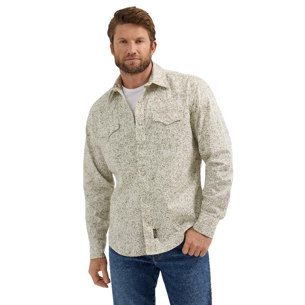 Wrangler Ecru/Olive Paisley Retro Premium Men's Collared Long Sleeve Snap Western Shirt 112365628
