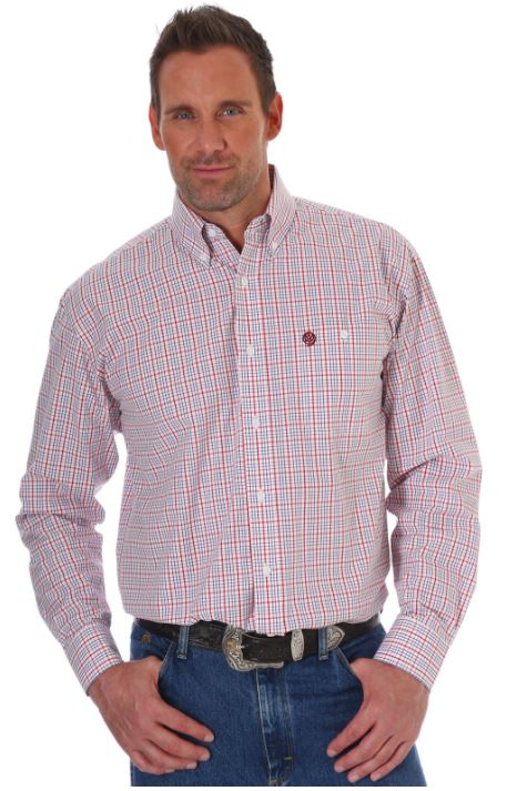 Wrangler George Strait White/Red Long Sleeve Poplin Plaid Shirt MGSR437