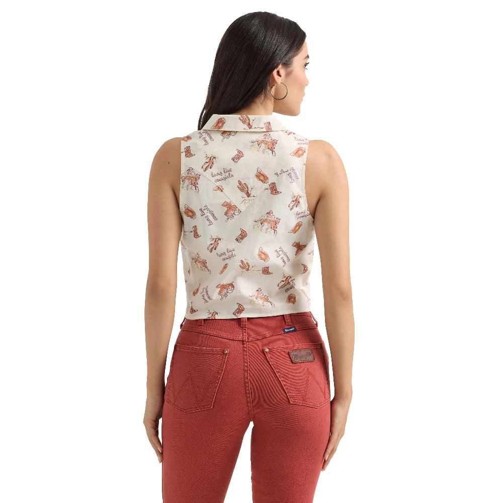 Wrangler Graphic White Women's Bold Printed Sleeveless Tie Front Women's Shirt 112360753