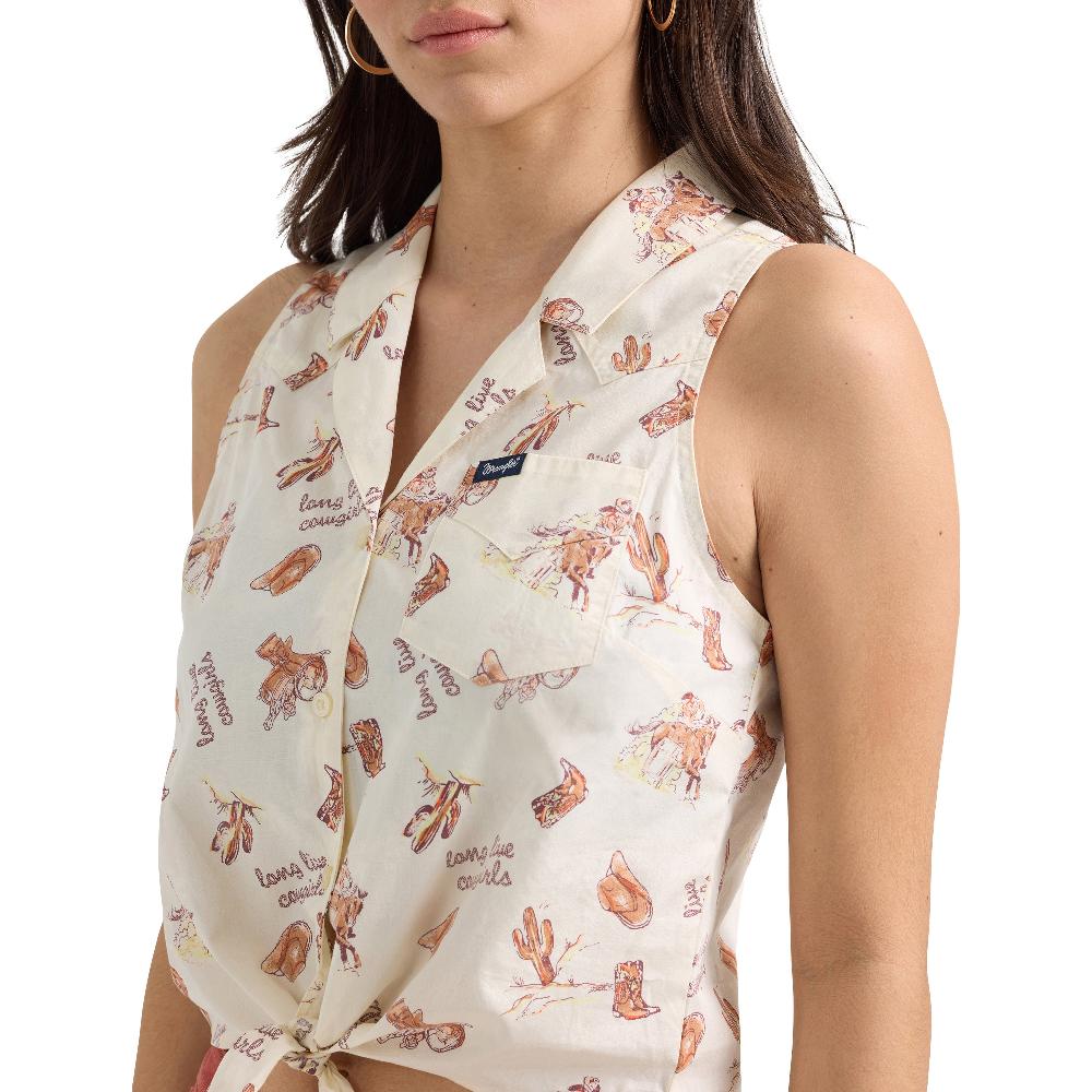 Wrangler Graphic White Women's Bold Printed Sleeveless Tie Front Women's Shirt 112360753