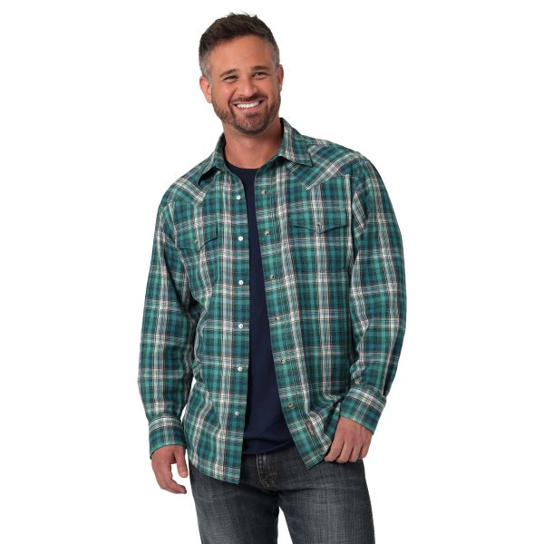 Wrangler Green Daze Plaid Retro Premium Long Sleeve Men's Slim Fit Western Snap Shirt 112330789