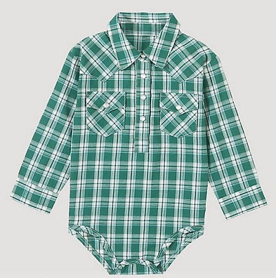 Wrangler Green/Ivory Baby Boy Long Sleeve Plaid Bodysuit with Western Snap Placket
