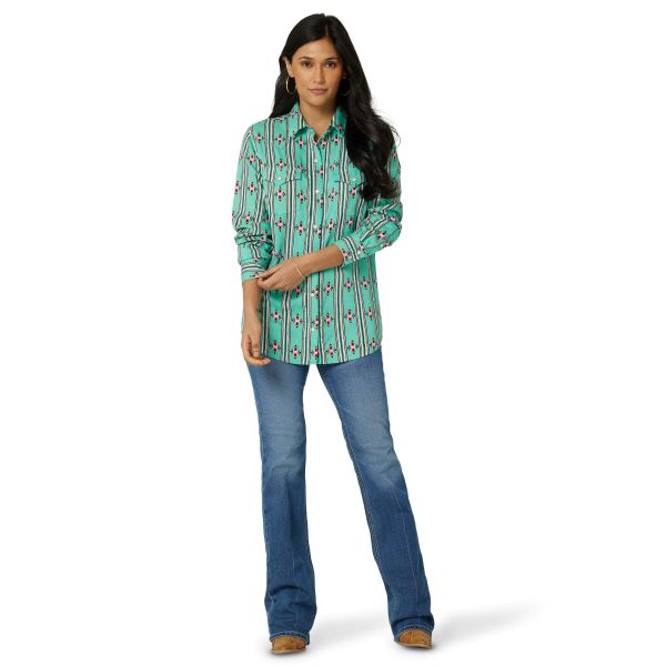 Wrangler Green/Pink Aztec Print And Stripe Women's Western Shirt 112327247