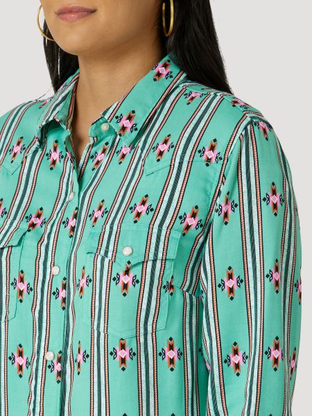 Wrangler Green/Pink Aztec Print And Stripe Women's Western Shirt 112327247