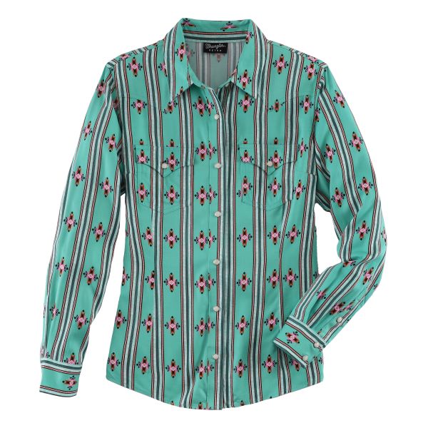 Wrangler Green/Pink Aztec Print And Stripe Women's Western Shirt 112327247