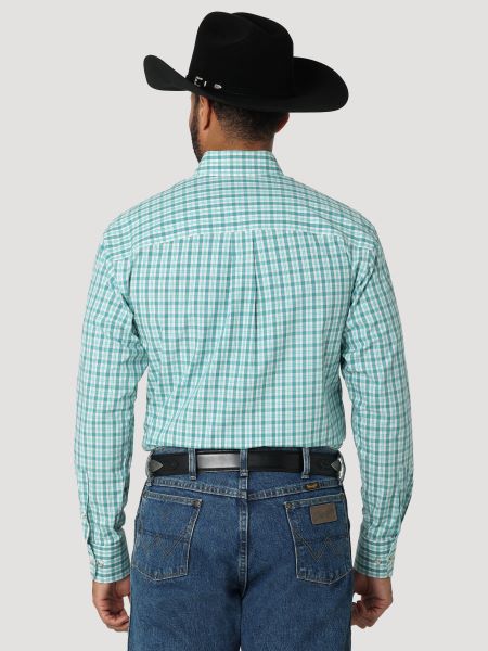 Wrangler Green/White Plaid George Strait Mens 1 Pocket Longsleeve Shirt 112318984