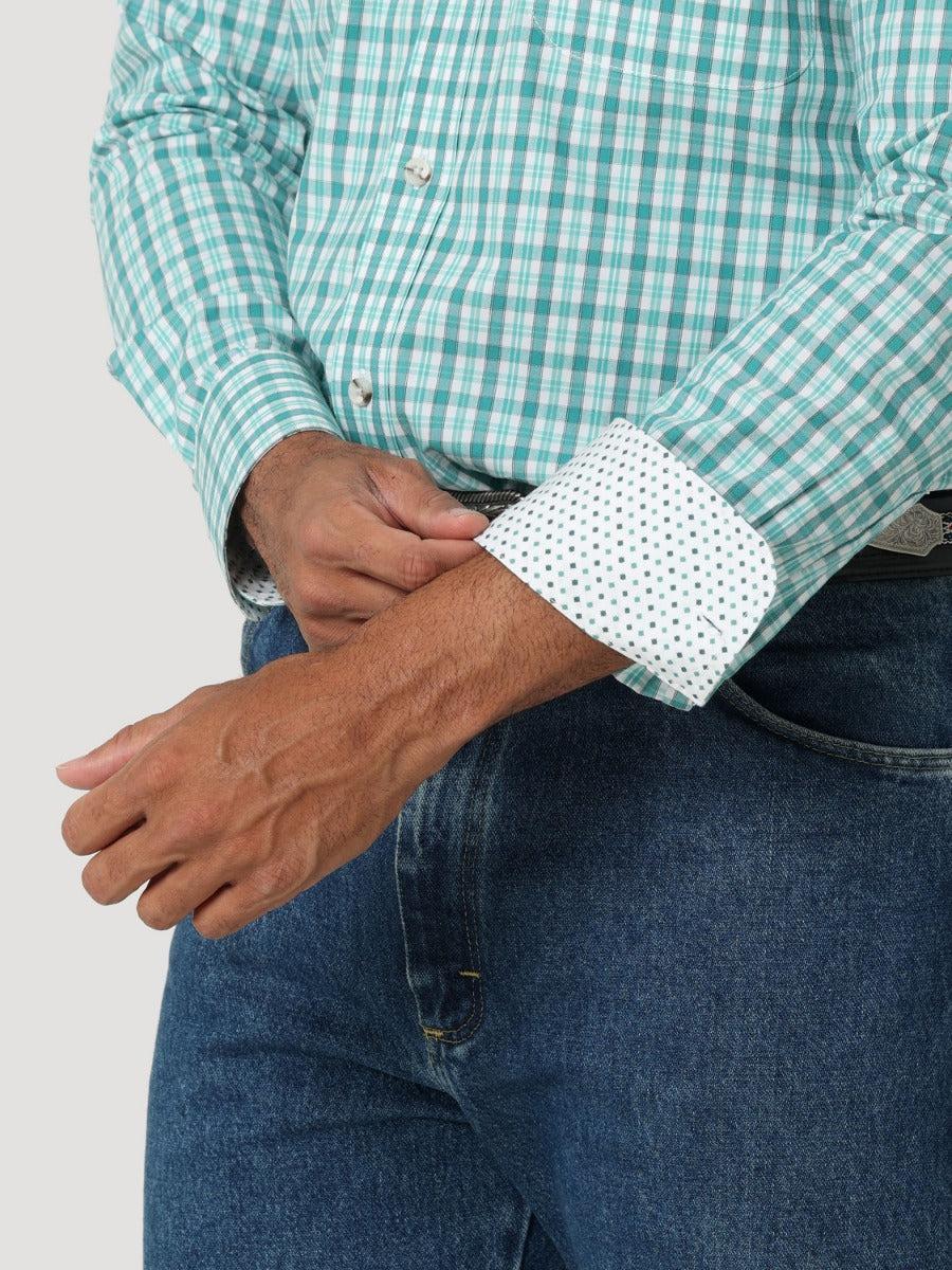 Wrangler Green/White Plaid George Strait Mens 1 Pocket Longsleeve Shirt 112318984