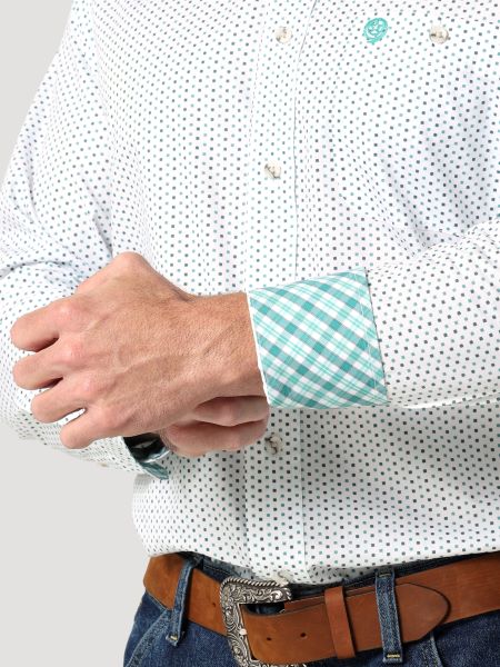 Wrangler Green/White Print George Strait Mens One Pocket Button Down Longsleeve Shirt 112318981
