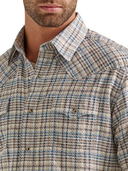 Wrangler Greige Haze Plaid Retro Premium Men's Western Long Sleeve Snap Shirt 112338148