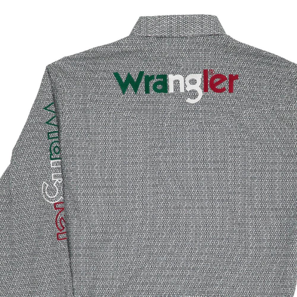 Wrangler Grey Classic Fit Men's Spread Collar Longsleeve Western Logo Button Front Shirt with Red/White/Green 112359483