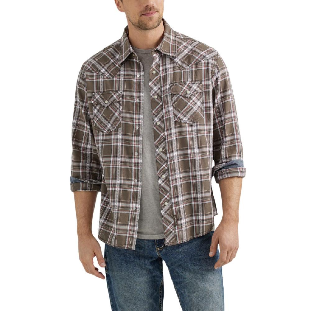 Wrangler Hardwood Brown Plaid Retro Premium Longsleeve Collared Men's Western Snap Plaid Shirt 112356588
