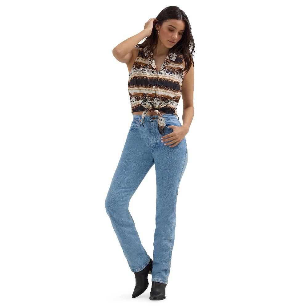 Wrangler Horse Stripe Women's Bold Printed Sleeveless Tie Front Collared Shirt 112364364