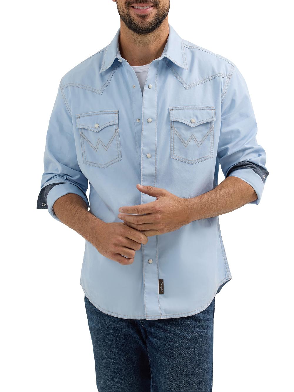 Wrangler Ice Blue Retro Premium Men's Longsleeve Collared Western Snap Shirt 112365625