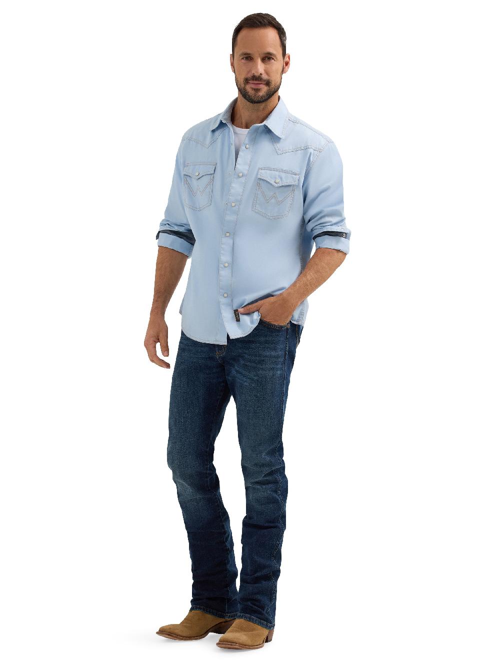 Wrangler Ice Blue Retro Premium Men's Longsleeve Collared Western Snap Shirt 112365625