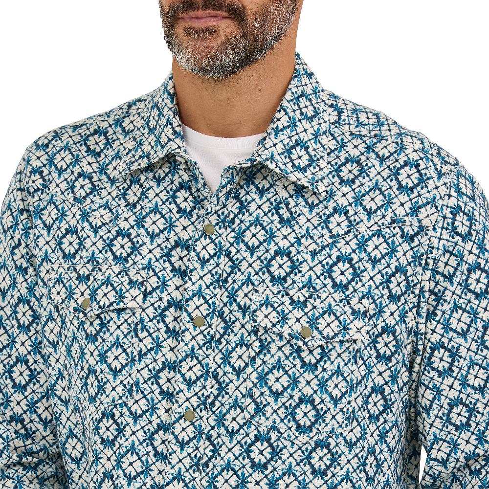 Wrangler Indigo Dye Print Retro Premium Men's Longsleeve Collared Western Snap Shirt 112369844