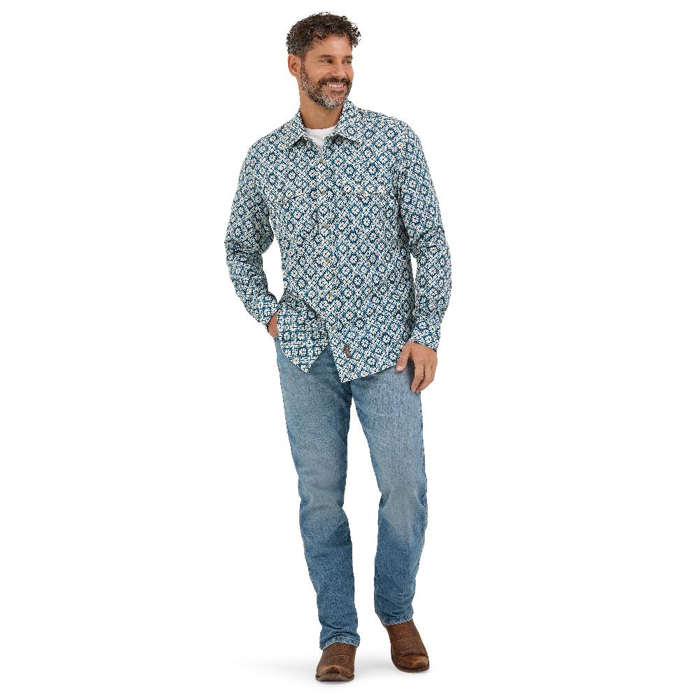 Wrangler Indigo Dye Print Retro Premium Men's Longsleeve Collared Western Snap Shirt 112369844