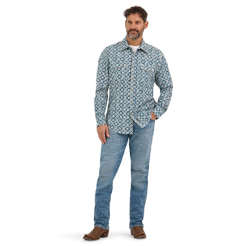 Wrangler Indigo Dye Print Retro Premium Men's Longsleeve Collared Western Snap Shirt 112369844