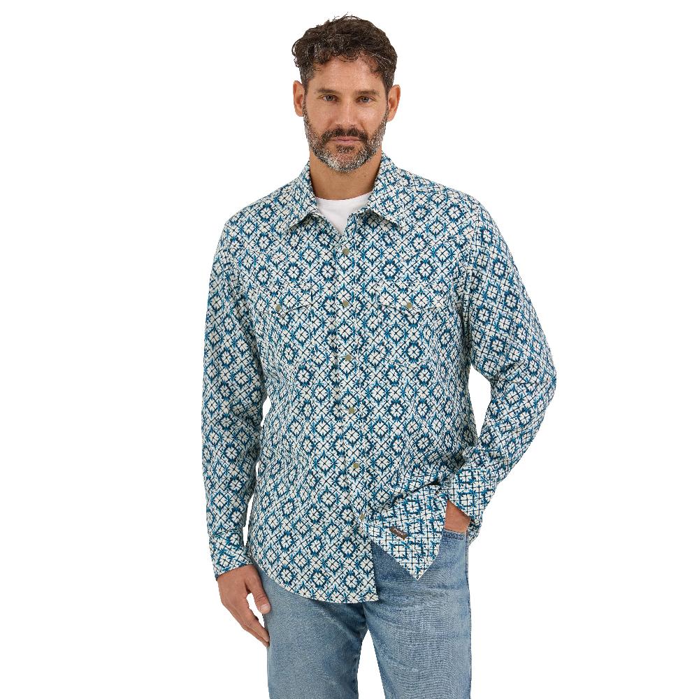 Wrangler Indigo Dye Print Retro Premium Men's Longsleeve Collared Western Snap Shirt 112369844