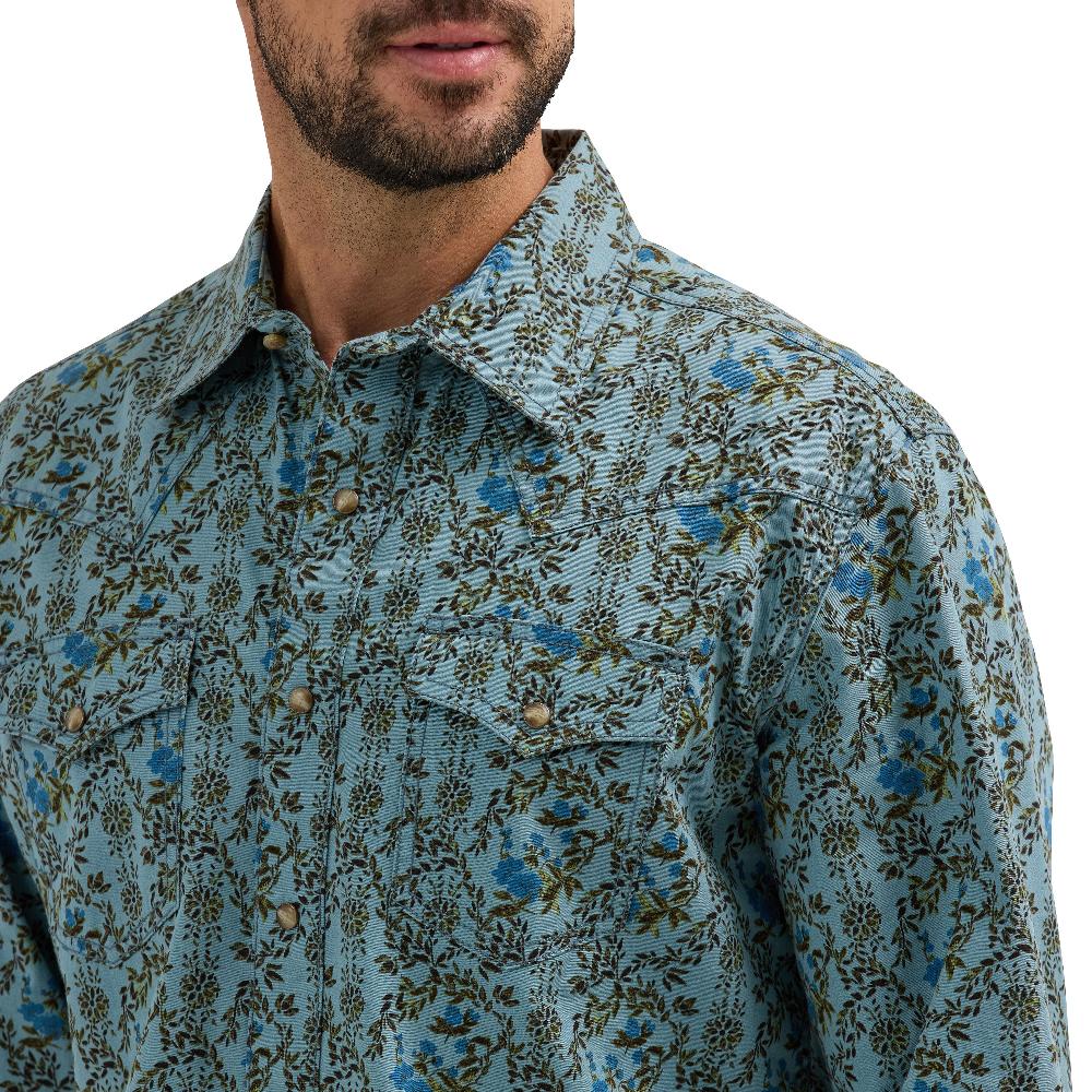 Wrangler Jewel Blue Floral Retro Premium Collared Longsleeve Men's Snap Shirt 112365629