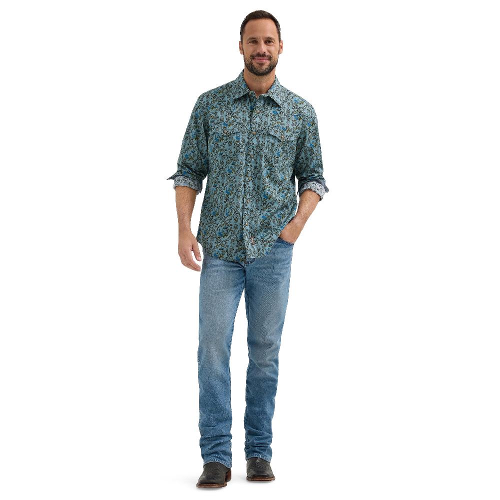 Wrangler Jewel Blue Floral Retro Premium Collared Longsleeve Men's Snap Shirt 112365629