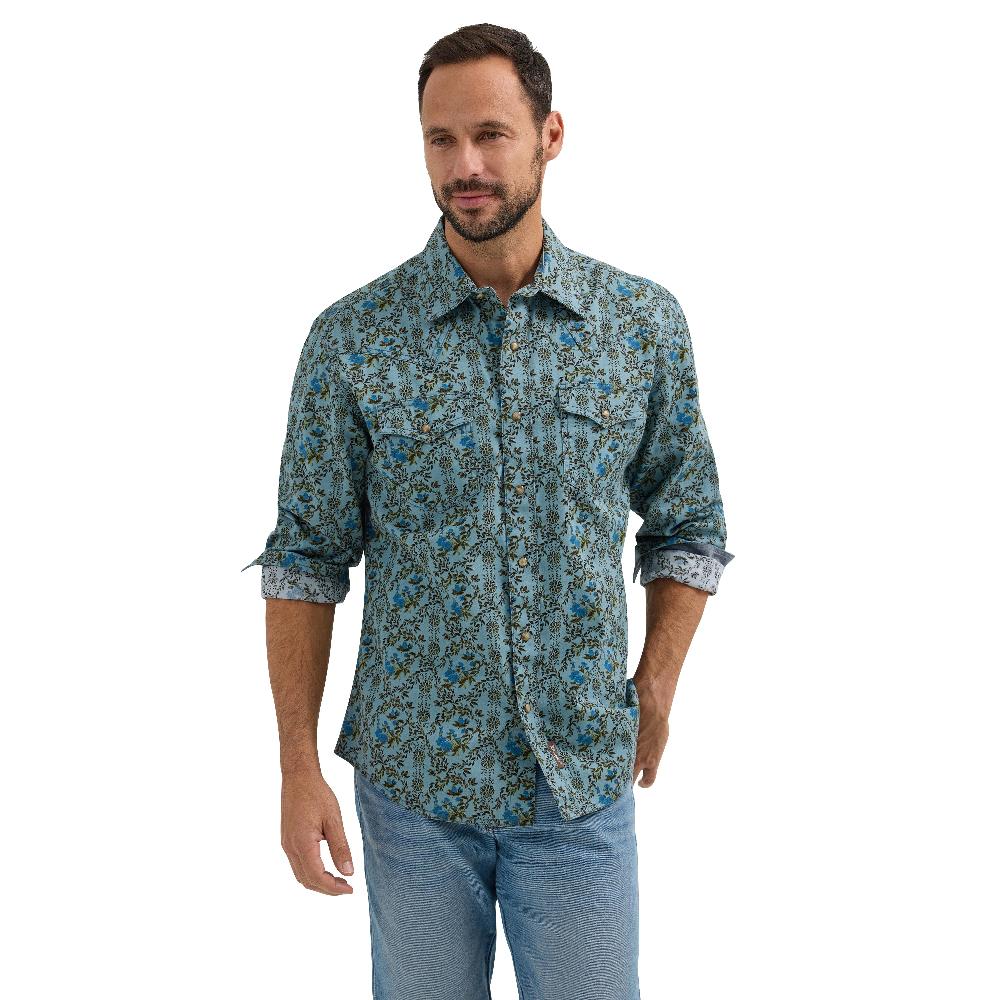 Wrangler Jewel Blue Floral Retro Premium Collared Longsleeve Men's Snap Shirt 112365629