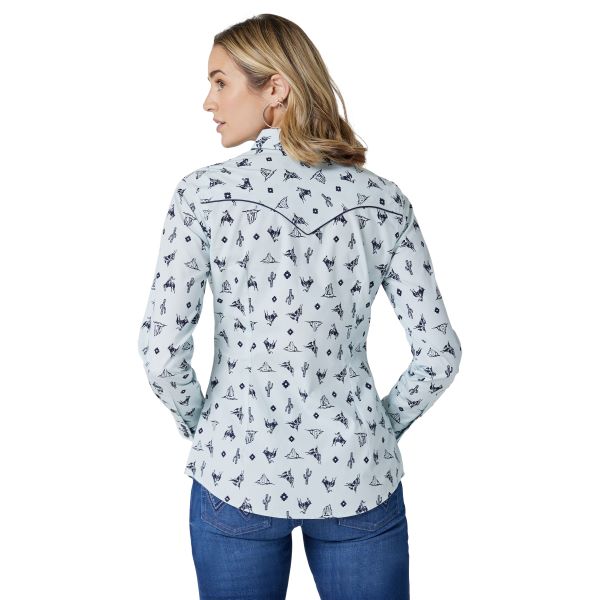 Wrangler Light Blue With Bronco Print Retro Women's Snap Shirt 112327262