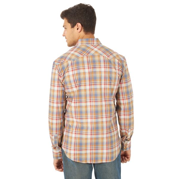 Wrangler Light Brown Plaid Retro Long Sleeve Mens Snap Pocket Shirt MV4023E