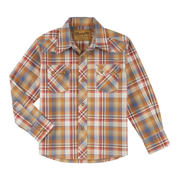 Wrangler Light Brown Plaid Retro Long Sleeve Mens Snap Pocket Shirt MV4023E