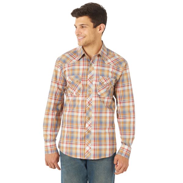 Wrangler Light Brown Plaid Retro Long Sleeve Mens Snap Pocket Shirt MV4023E