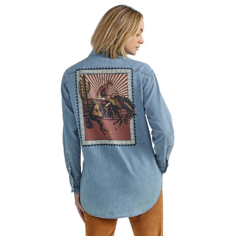Wrangler Light Denim Rodeo Poster Women's Long Sleeve Collared Western Snap Shirt 112352963