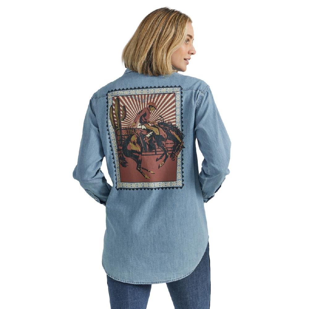 Wrangler Light Denim Rodeo Poster Women's Long Sleeve Collared Western Snap Shirt 112352963