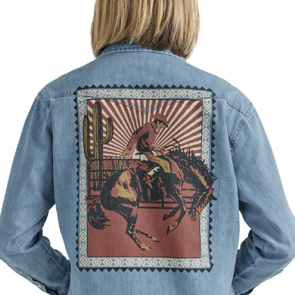 Wrangler Light Denim Rodeo Poster Women's Long Sleeve Collared Western Snap Shirt 112352963