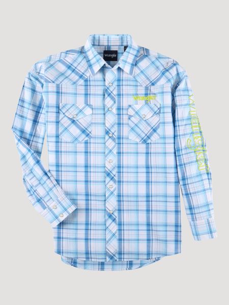 Wrangler Logo Long Sleeve Mens Plaid Snap Shirt 112324644
