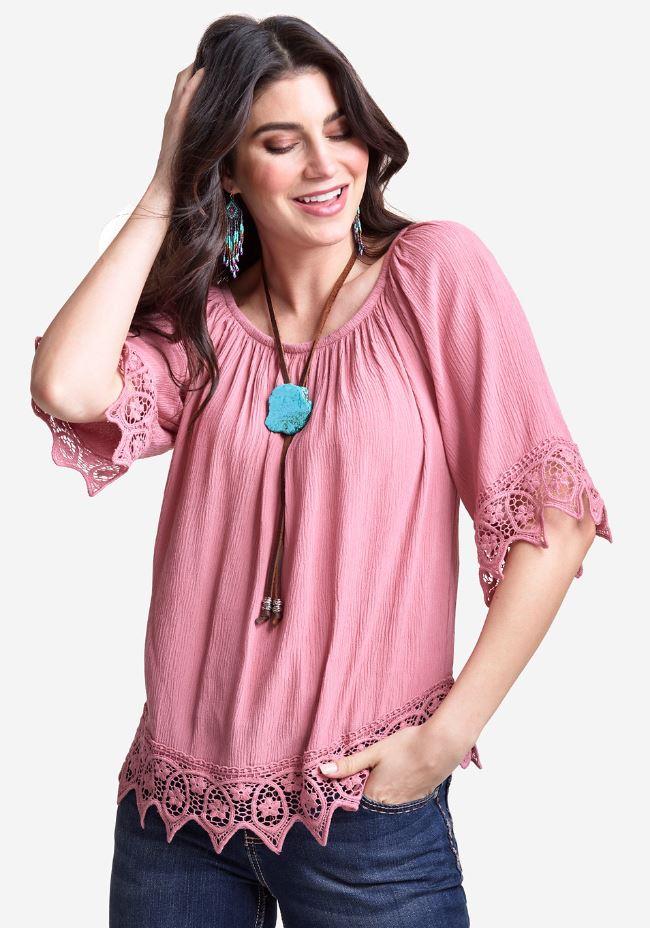 Wrangler Mauve Pink Womens Short Sleeve Crochet Trimmed Peasant Blouse LW5006P