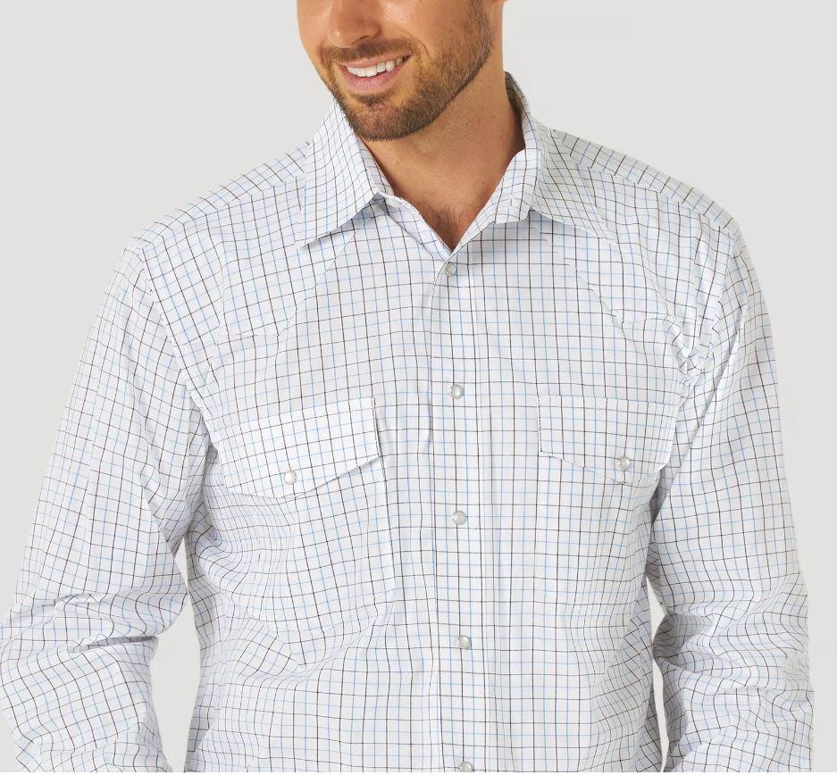 Wrangler Men's Bright White Wrinkle Resist Long Sleeve Western Snap Plaid Shirt MWR389B