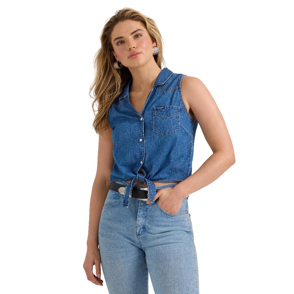 Wrangler Mid Wash Denim Sleeveless Tie Front Shirt 112360785