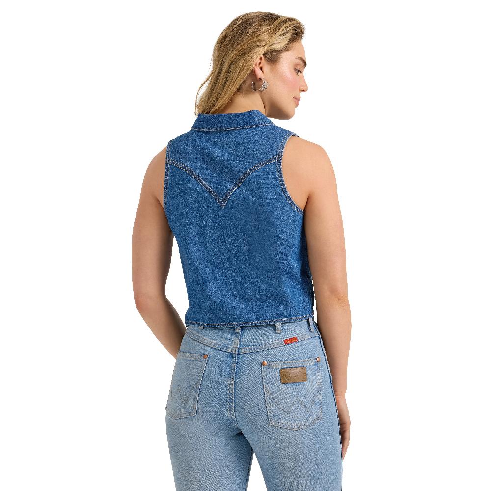 Wrangler Mid Wash Denim Sleeveless Tie Front Shirt 112360785