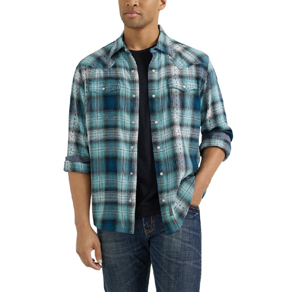 Wrangler Multi Teals Plaid Retro Premium Collared Longsleeve Men's Western Snap Shirt 112356595