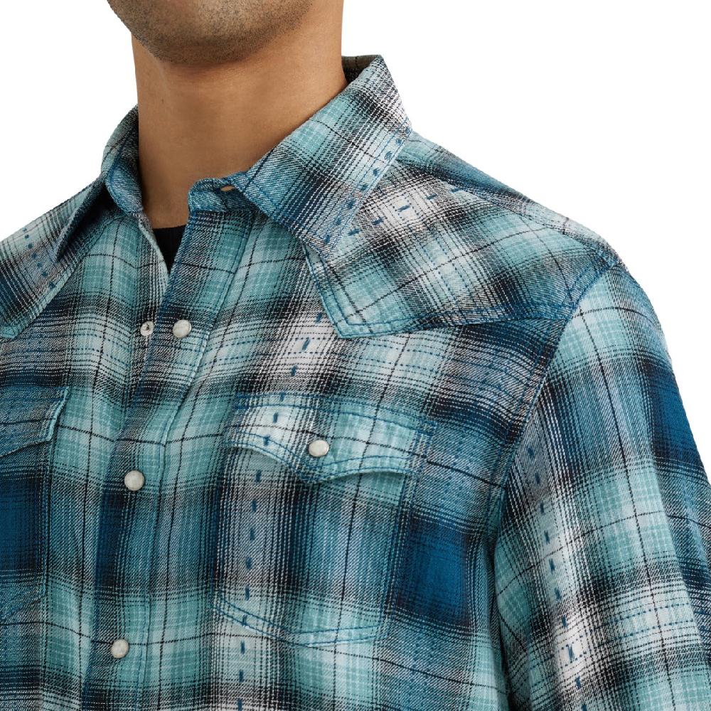 Wrangler Multi Teals Plaid Retro Premium Collared Longsleeve Men's Western Snap Shirt 112356595