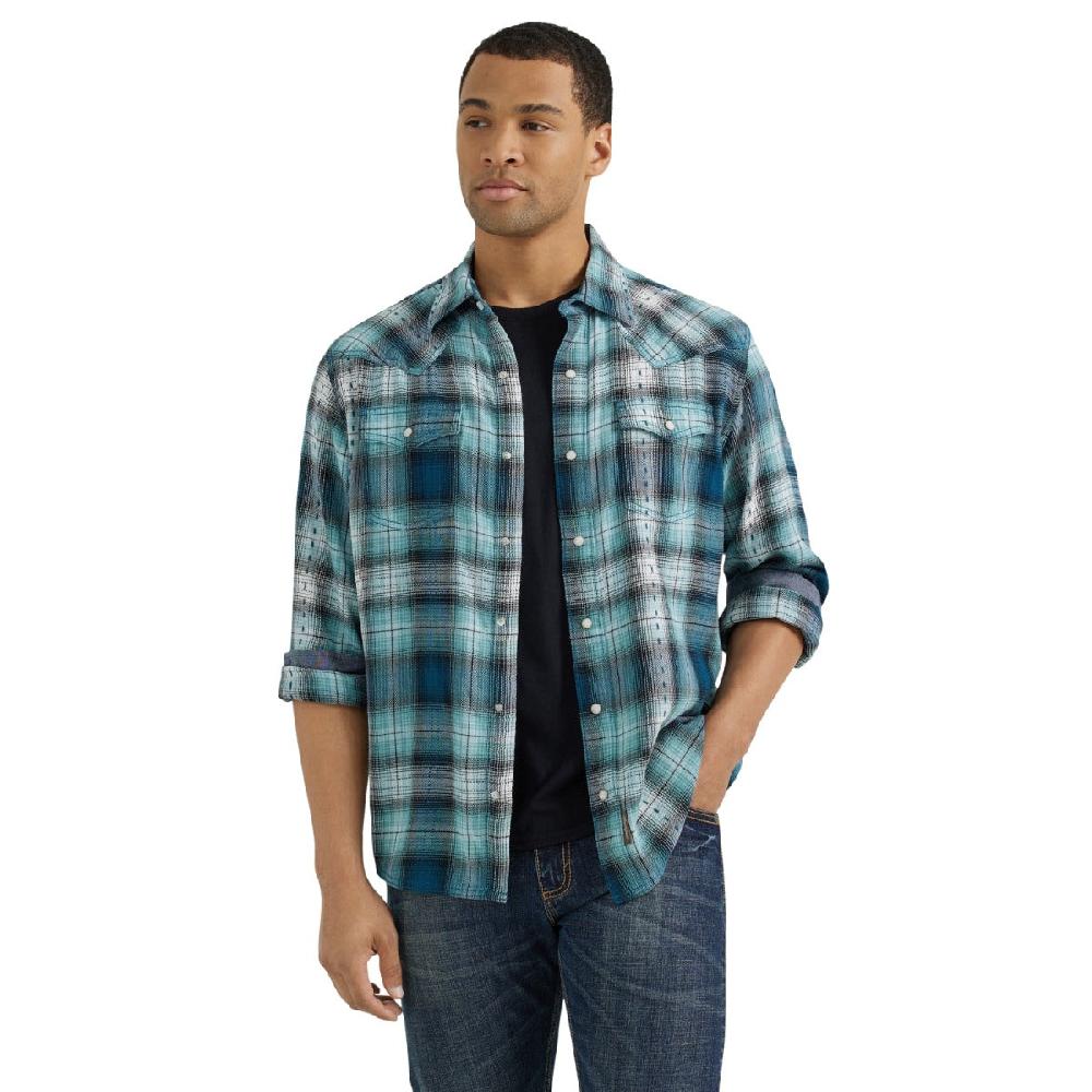 Wrangler Multi Teals Plaid Retro Premium Collared Longsleeve Men's Western Snap Shirt 112356595