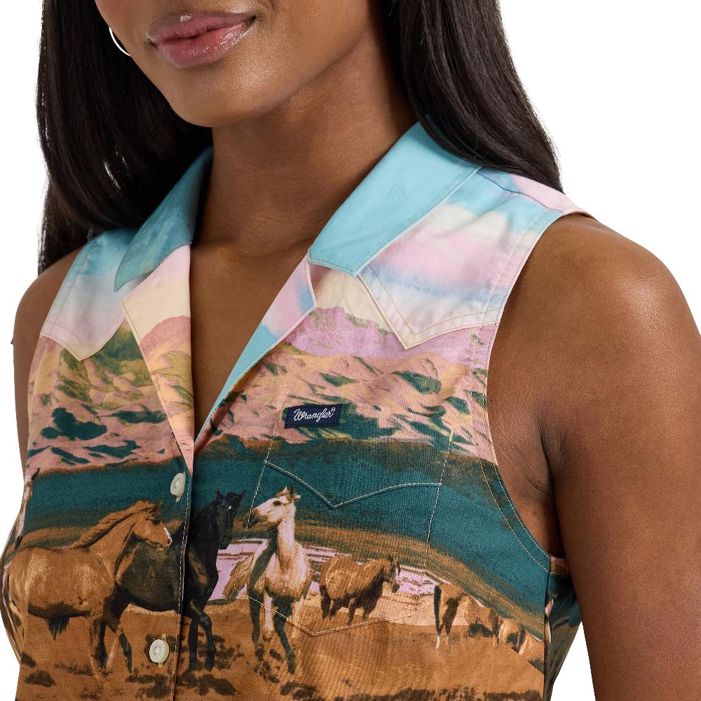 Wrangler Multicolor Mtn Women's Bold Printed Sleeveless Tie Front Shirt 112361188