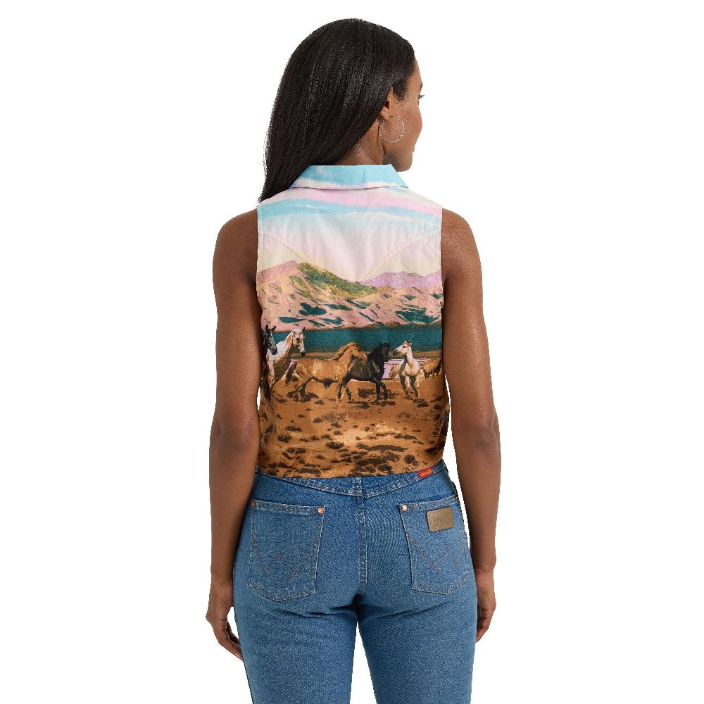 Wrangler Multicolor Mtn Women's Bold Printed Sleeveless Tie Front Shirt 112361188