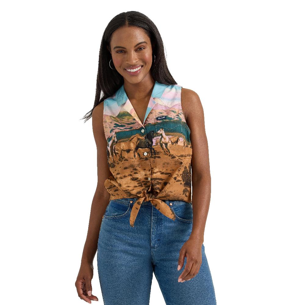 Wrangler Multicolor Mtn Women's Bold Printed Sleeveless Tie Front Shirt 112361188